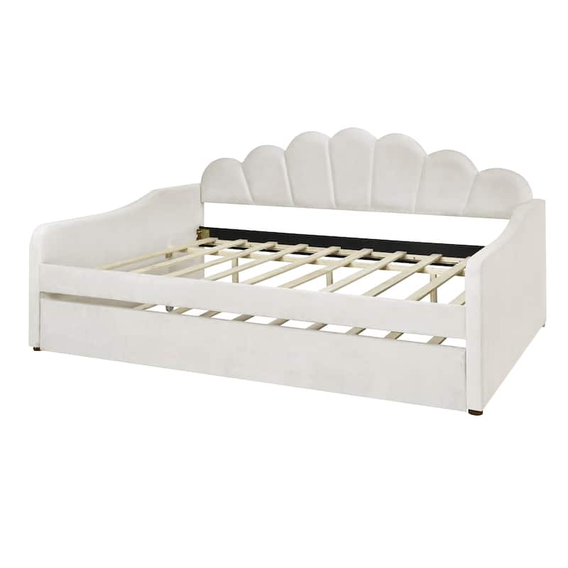 Full Size Upholstery Daybed Frame with Shall Shaped Backrest and Trundle, Beige
