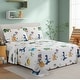 preview thumbnail 1 of 3, Kids Boys Printed 600 Thread Count Deep Pocket Cotton Blend Percale All Season Bedding Sheet Set, Cartoon Dinosaur Zoo Dino Navy Blue, Green, Yellow, White - Full