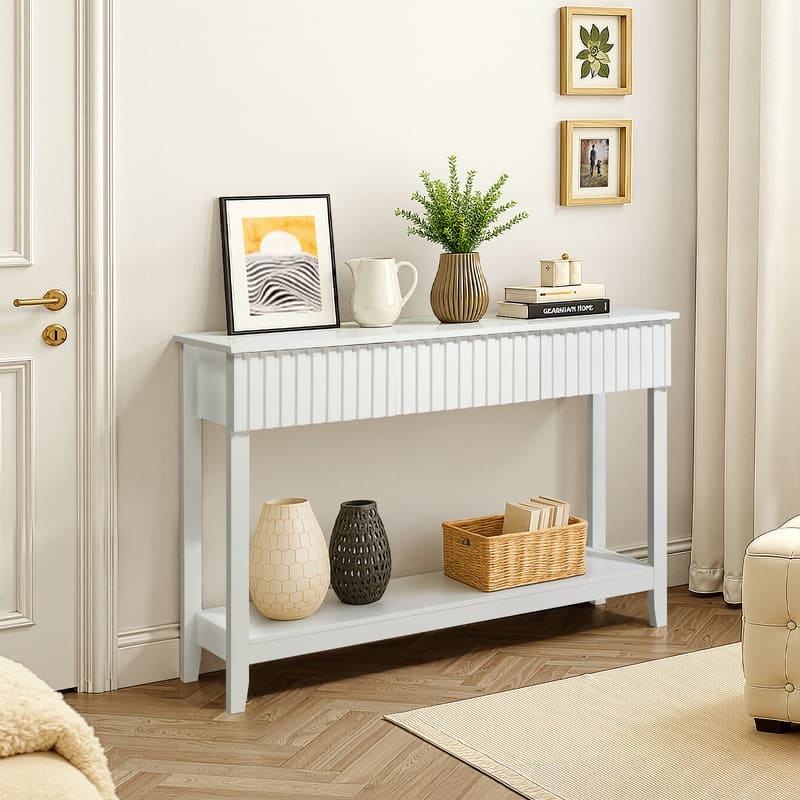 White 2-layer 3-draw MDF 130 * 30 * 81cm Grille Foyer Table