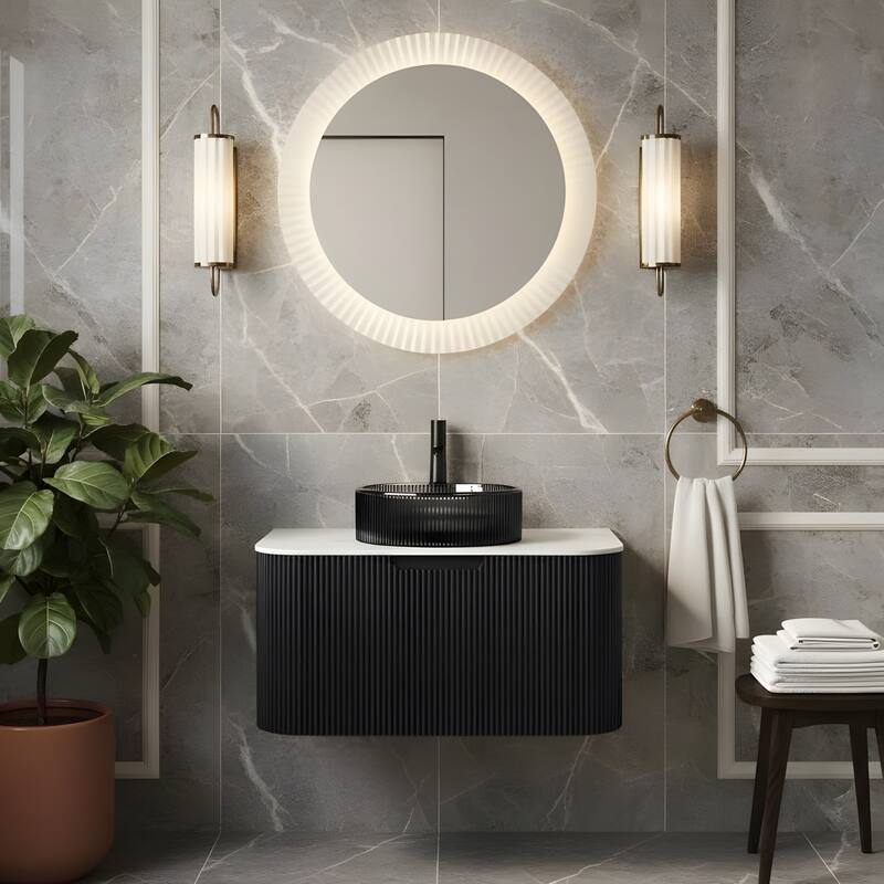 Wall Mounted Bathroom Vanity with Transparent Black Round Glass Basin