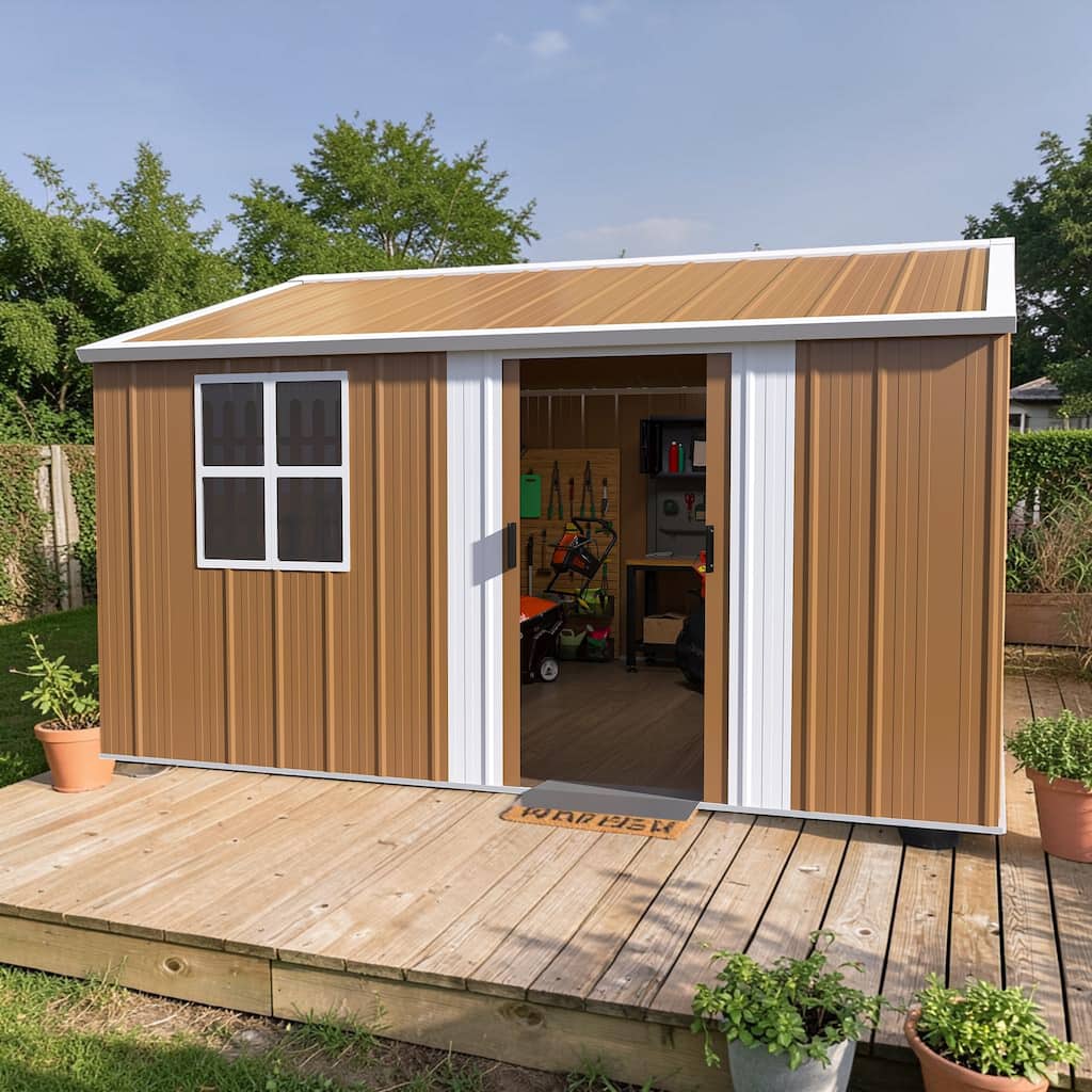 12x10 FT Heavy Duty Metal Storage Shed with Sliding Door, Windows and Vents for Backyard Garden
