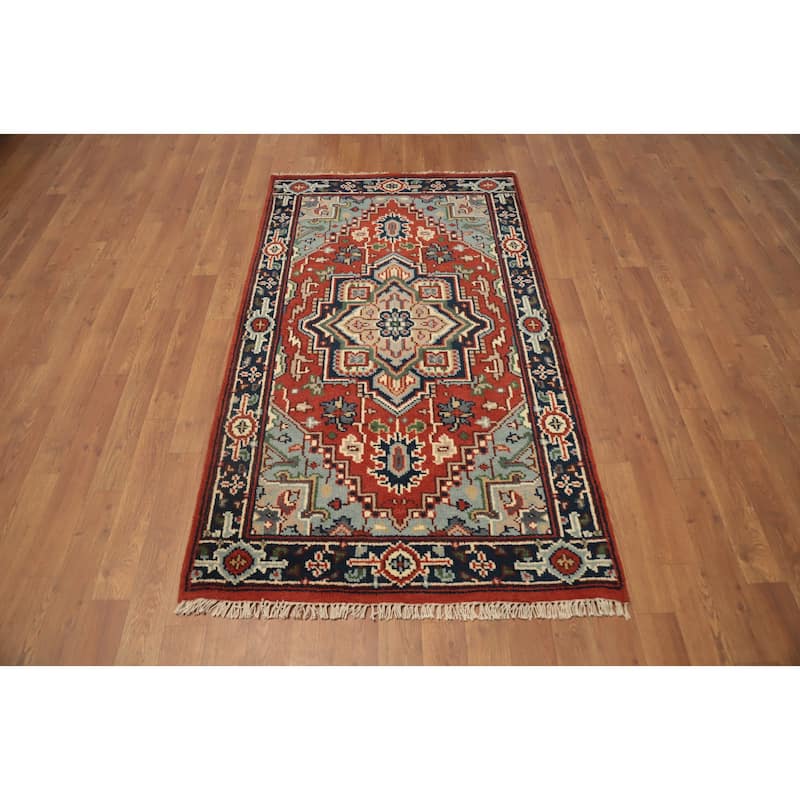 Hand Knotted Oriental 100% Wool Carpet Traditional Medallion Oranges & Rust Heriz (serapi) Area Rug - 5' 1'' X 3' 0''