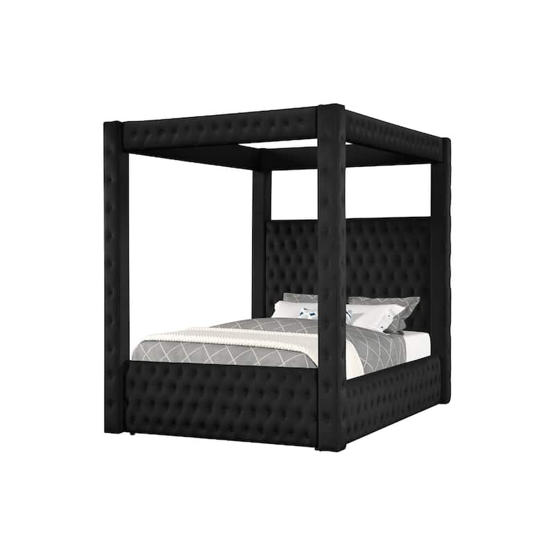 Beli King Size Canopy Bed, Tufted Design, Black Velvet Upholstery