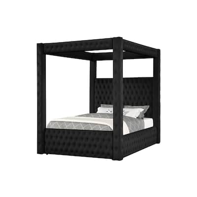 Beli King Size Canopy Bed, Tufted Design, Black Velvet Upholstery