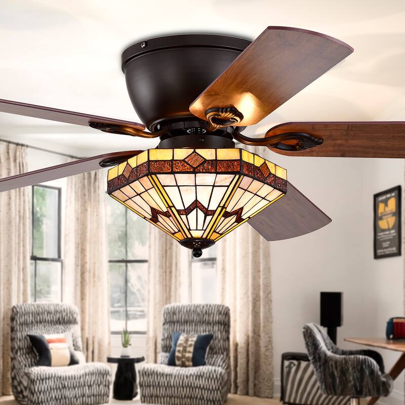 Lymelyn 52-Inch Flushmount Lighted Ceiling Fan Ivory Geometric Tiffany Glass Lamp Black Finish