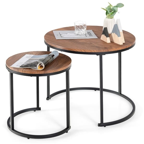Nesting Coffee Table Set Of 2,Modern Black Tempered Glass Side Table, Metal Frame Round End Table.Small Glass Tea Table For Living Room,Bedroom Studio Apartment Essentials,23.2In