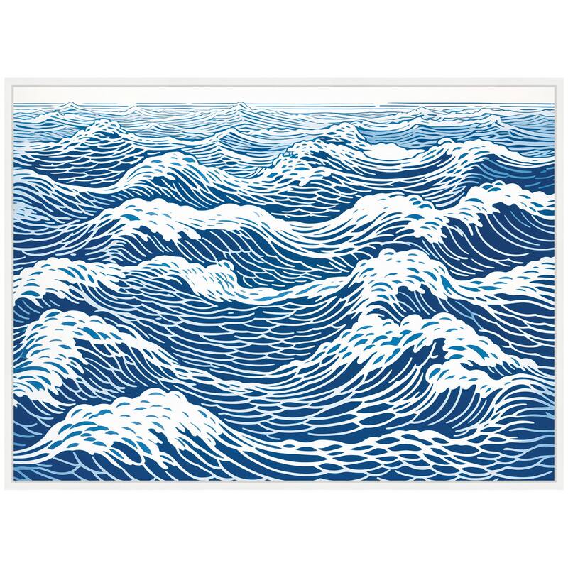 Kate and Laurel Sylvie Linocut Abstract Waves Blue and White Framed Canvas by The Creative Bunch Studio
