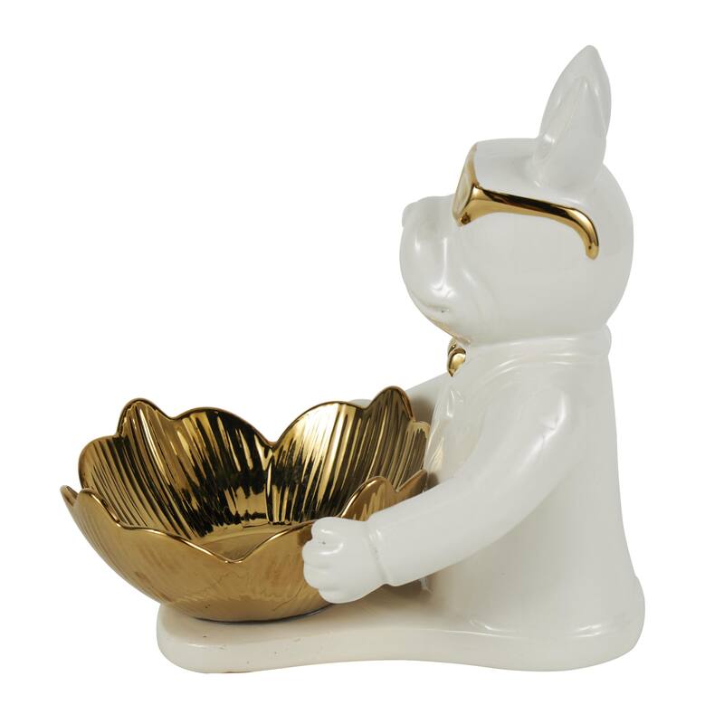 Ceramic Bulldog Decorative Sculpture with Gold Accents - Black or White - Roche River Decor