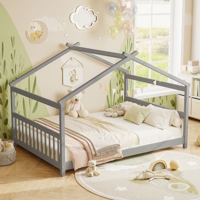 Full Size Kids Wooden House Design Platform Bed Montessori with Headboard and Footboard