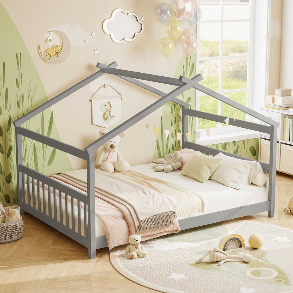 Full Size Kids Wooden House Design Platform Bed Montessori with Headboard and Footboard