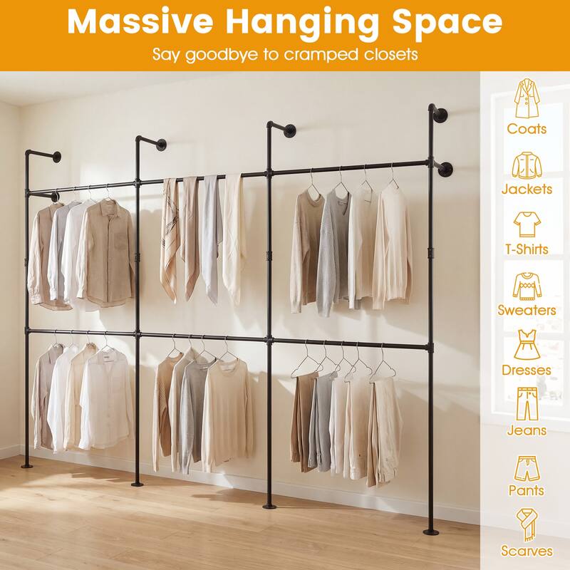 Gymax Industrial Pipe Clothing Rack Wall Mounted Heavy-Duty Metal