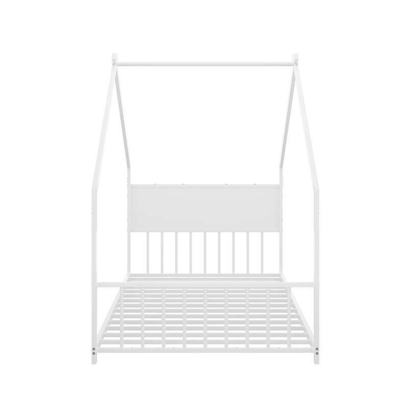 House Bed with Roof and Colorful Lights, House-shaped Frame Floor Bed with House Roof Frame, Metal Bed Frame with Slats and Legs