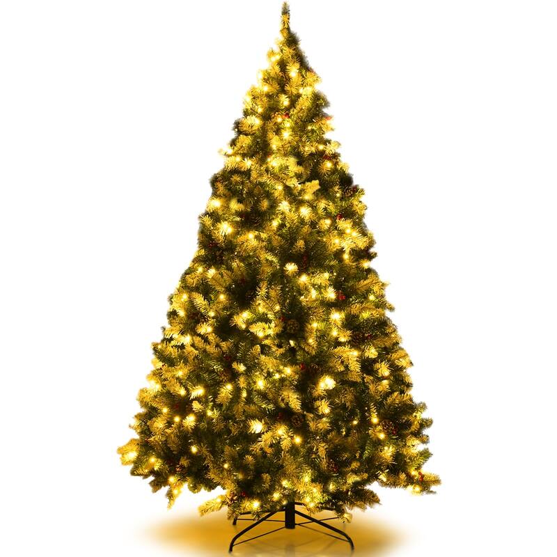 6 FT Pre-lit Snow Flocked Christmas Tree with Red Berries and 8 Lighting Modes