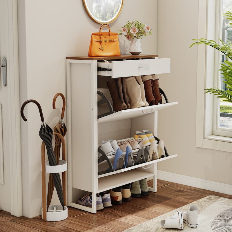 Wood Shoe Storage Cabinet for Entryway, 2 Flip Drawers Shoe Rack, Freestanding Hidden Shoe Organizer Holds up to 10 Pairs - Ancient White
