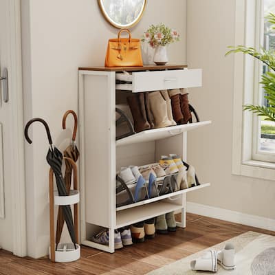 Wood Shoe Storage Cabinet for Entryway, 2 Flip Drawers Shoe Rack, Freestanding Hidden Shoe Organizer Holds up to 10 Pairs