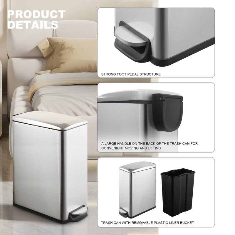 Innovaze 2.6 Gal./10 Liter Slim Stainless Steel Step-on Trash Can for Bathroom and Office