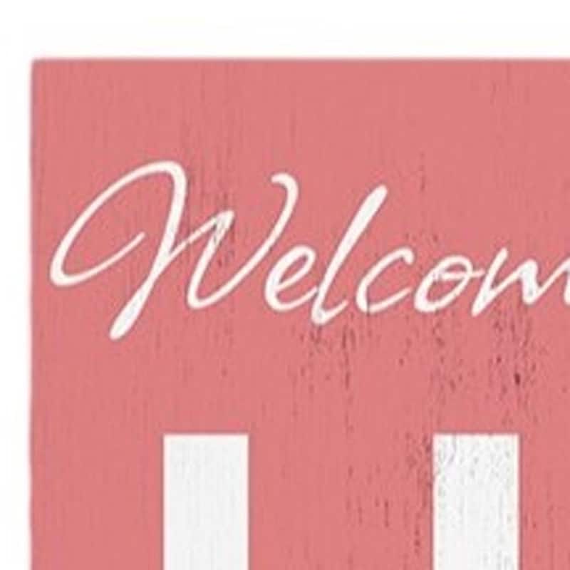 HomeRoots 36" Pink And White Solid Wood Tropical Floral Welcome Home Porch Sign