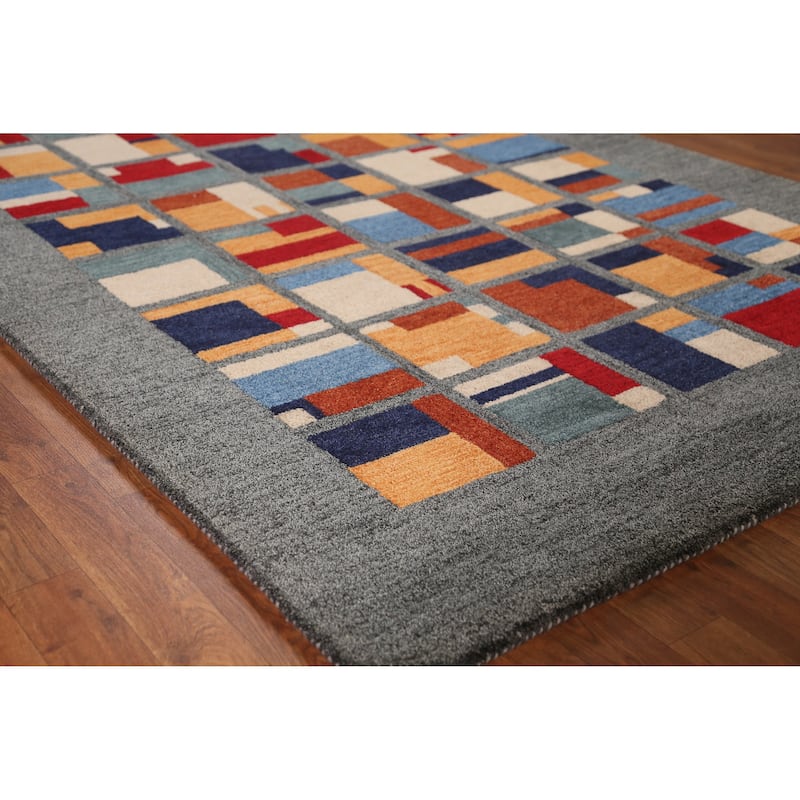 Geometric Grey Modern Indian Area Rug Handmade Wool Carpet - 5'3" x 7'7" - 5'3" x 7'7" - Grey