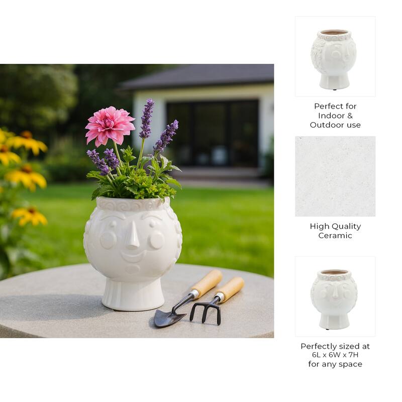 Ceramic Curly Haired Grandma Face Planter - White, 6 in.