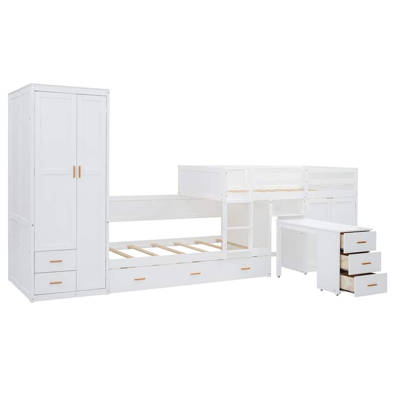 Twin Wooden Bunk Bed with Trundle, Cabinet, Wardrobe, Desk and Drawers, White