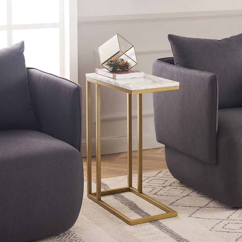 ROSEN GARDEN Faux Marble C-Shape Side End Table Metal Frame, White