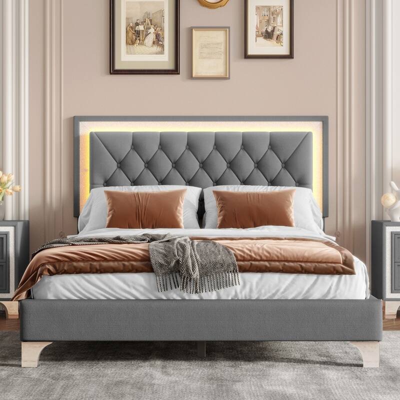 Full Size Modern Upholstered Velvet Platform Bed Frame with Tufted Headboard and LED Lights