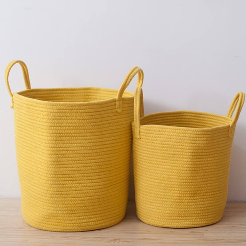 Large Yellow Cotton Rope Storage Basket with Handles for Toys Laundry and Home Organization - 15.74”Dia x 17.71”H