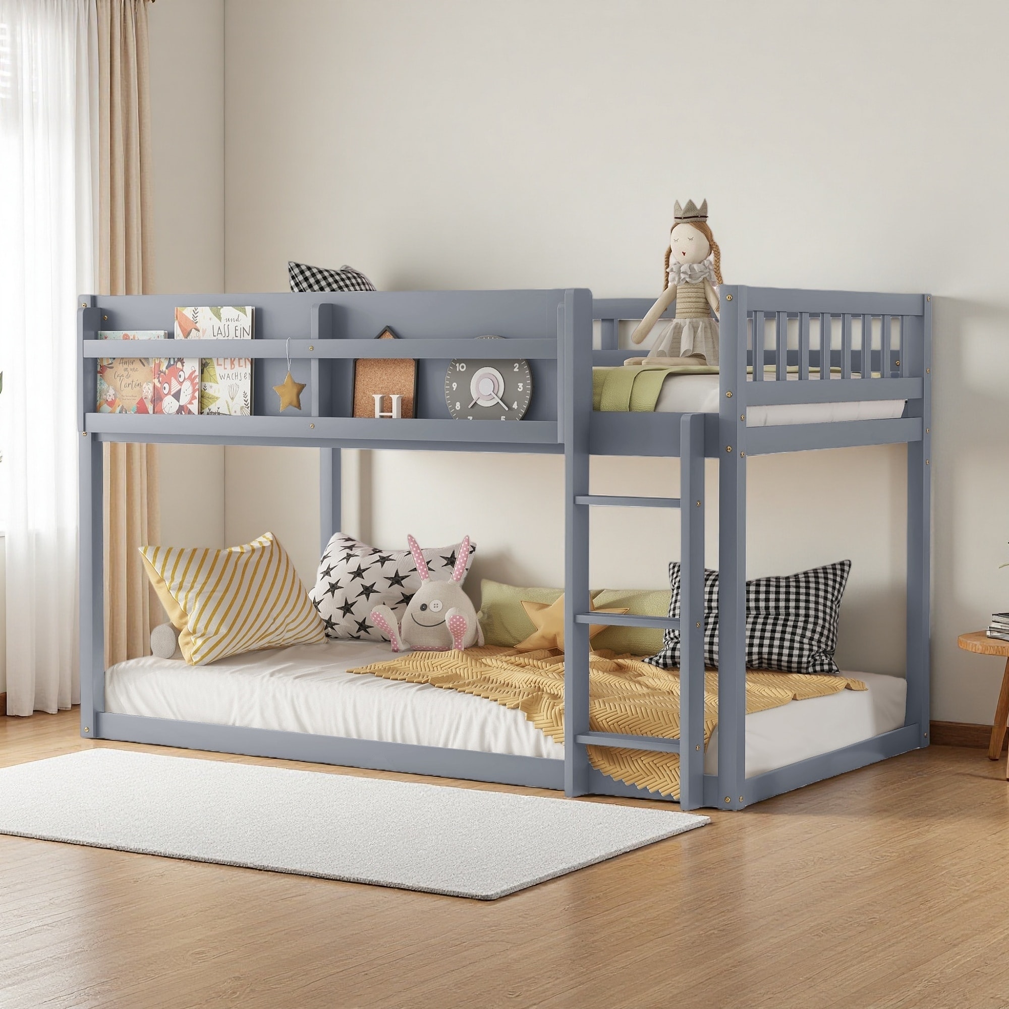 Twin over Twin Solid Wood Low Bunk Bed with Ladder & Storage Shelf