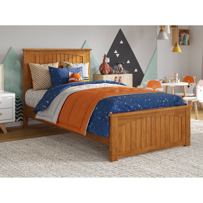 Solid Wood Low Profile Platform Bed - Twin Size, Matching Footboard, Modern Design, Sturdy Slats, Light Toffee Finish