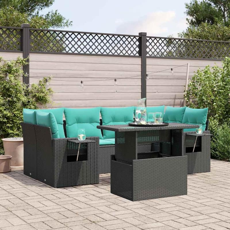 vidaXL Patio Sofa Set with Cushions Table and Couches 7 Piece Poly Rattan - Black without storage