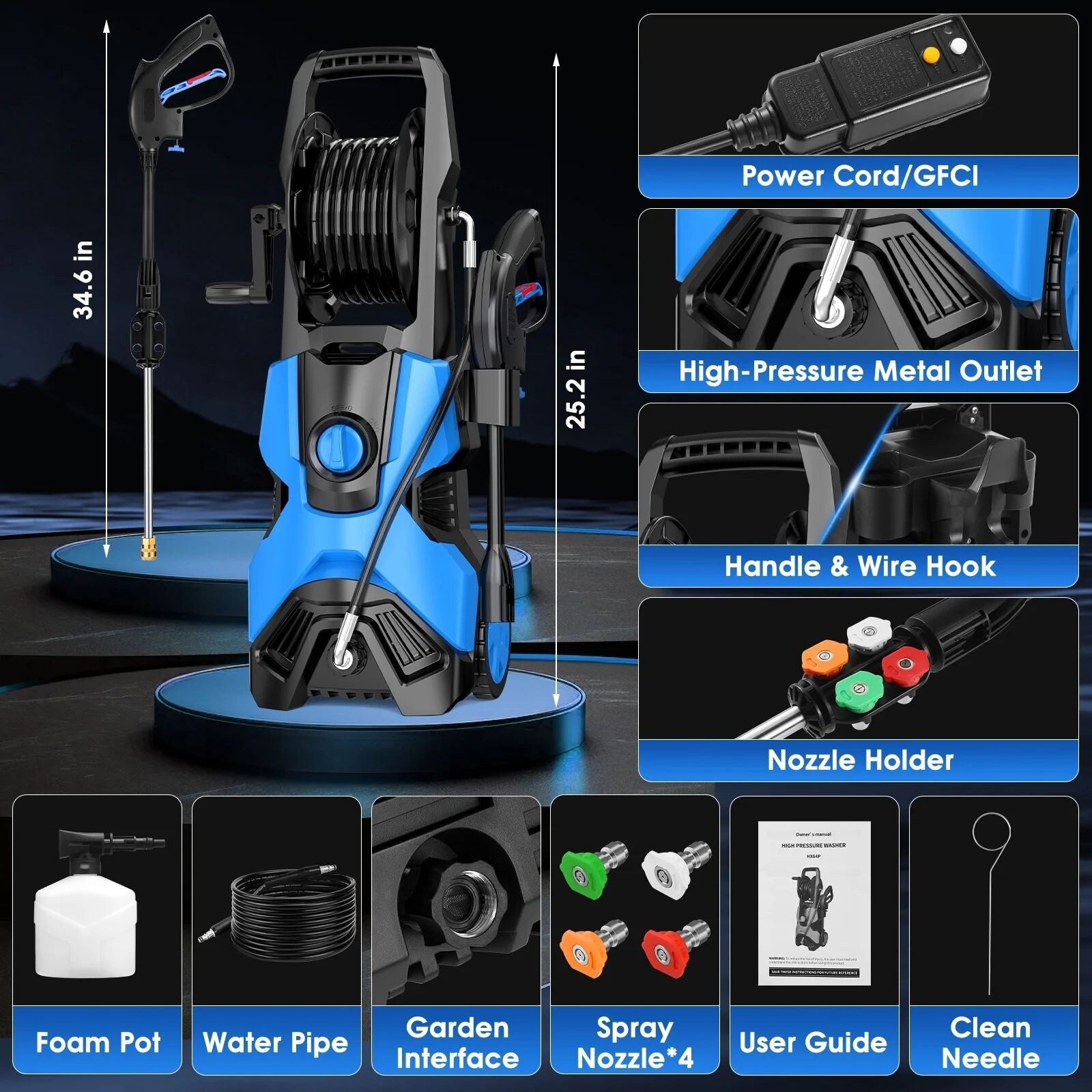 3000PSI Max 2.4 GPM Electric Pressure Washer with 4 Nozzles, Foam