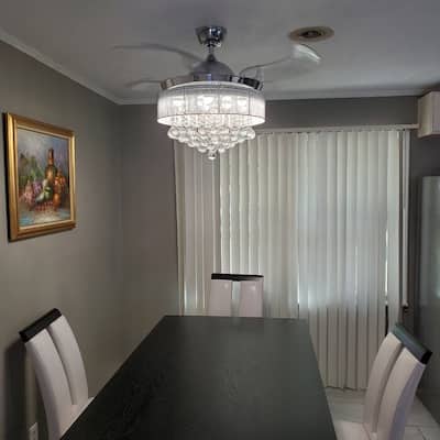 Modern Chrome 46-Inch LED Crystal Chandelier Ceiling Fan with Remote Control, Retractable Blades, 3000K/4000K - 46" W x 12.5" H