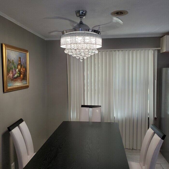 Modern Chrome 46-inch LED Crystal Chandelier Ceiling Fan with Remote Control, Retractable Blades, 3000K/4000K - 46" W x 12.5" H - Remote