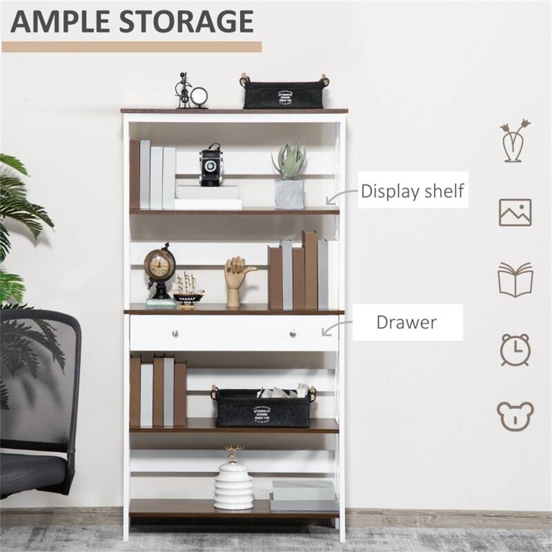 Freestanding 4 Tier Modern Walnut White Bookshelf with Storage Drawer for Living Room or Office - 31.5" W x 11.75" D x 59.75" H