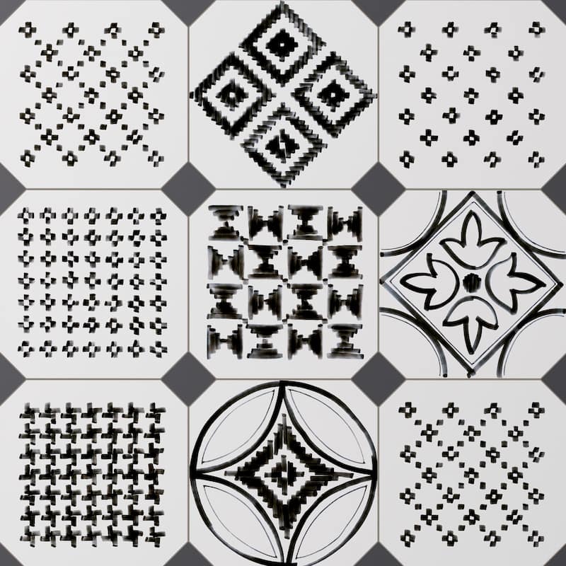 Merola Tile Vaudeville Octagon Sombra with Taco Antracita 7-7/8" x 7-7/8" Porcelain Floor and Wall Tile