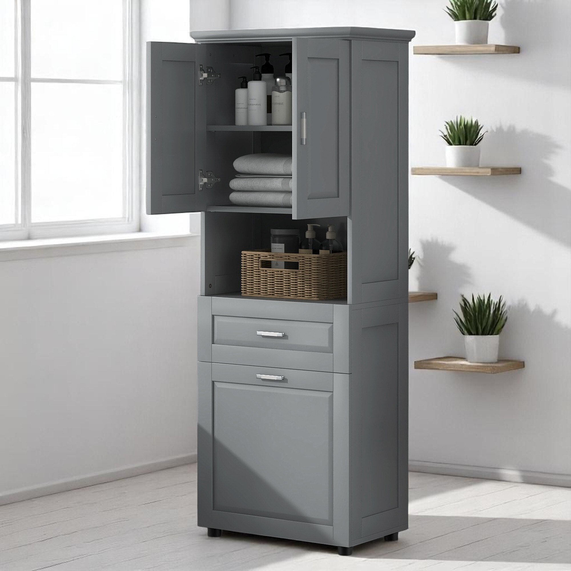 70'' Bathroom Cabinet with Built-in Laundry Hamper, 2 Doors, Open