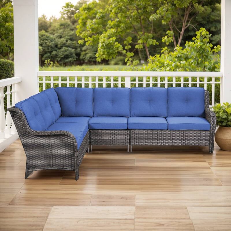 Outdoor Sectional Sofa Furniture Set - Grey Rattan - Blue Cushion - Only Sectional Sofa