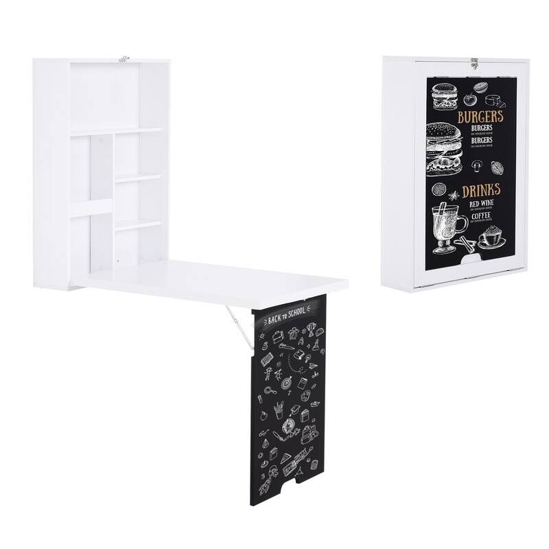 Modern Wall Mounted Desk with Foldable Lever and Built In Storage and Blackboard for Small Bedroom or Home Office
