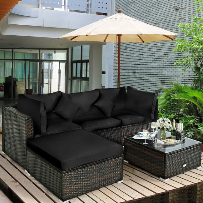 5 Pcs Outdoor Patio Rattan Furniture Set Sectional Conversation with Cushions - 29.5'' x 29.5'' x 25.5'' (L x W xH)