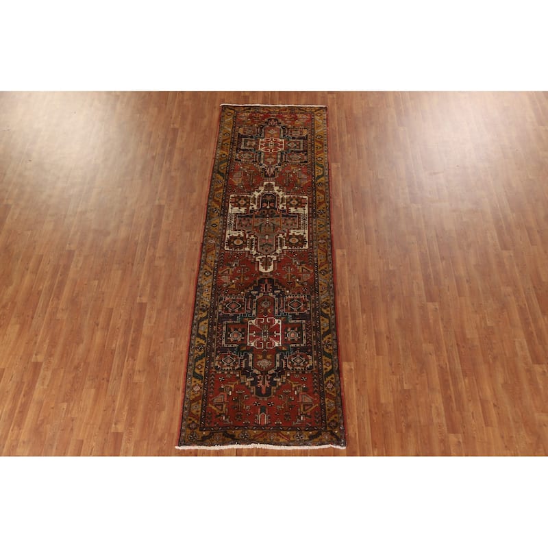 Geometric Hand-knotted Heriz Persian Vintage Runner Rug - 3'8"x 11'3"