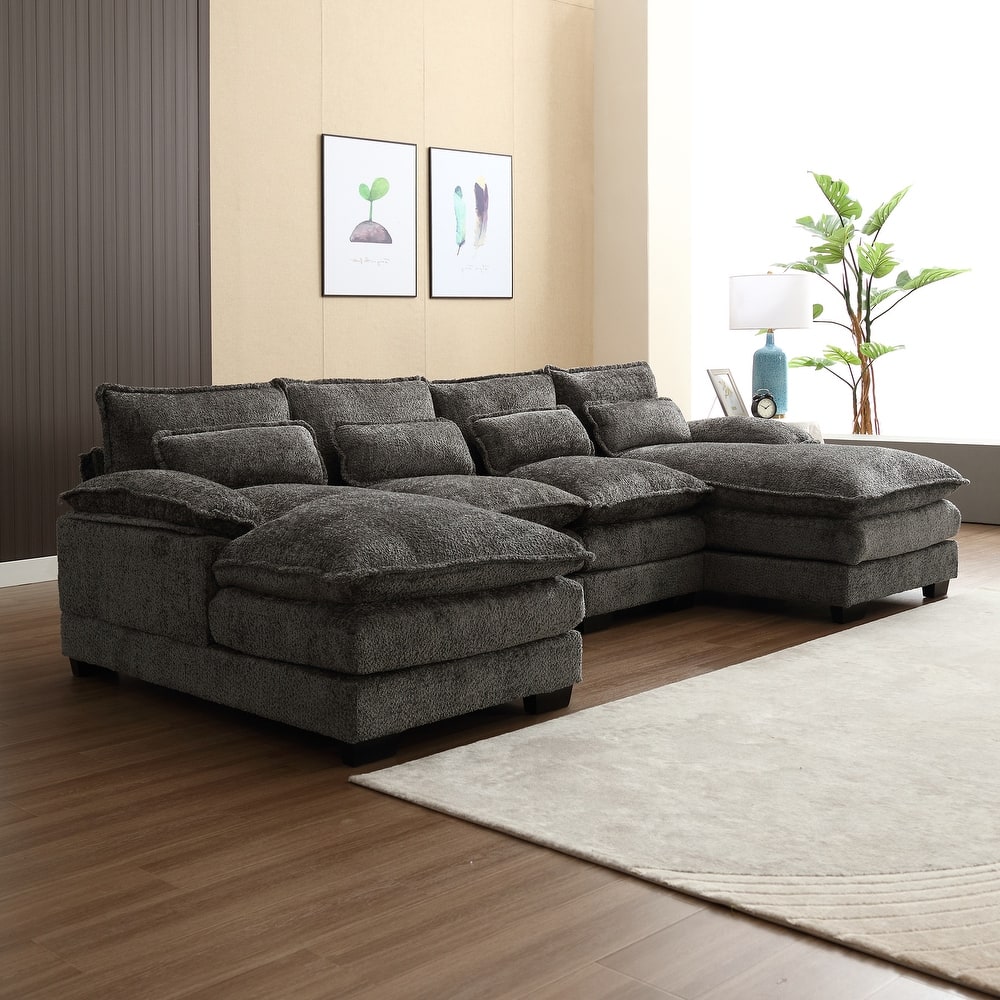 Chenille Upholstered U-Shaped Living Room Sectional Sofa With Wooden Legs