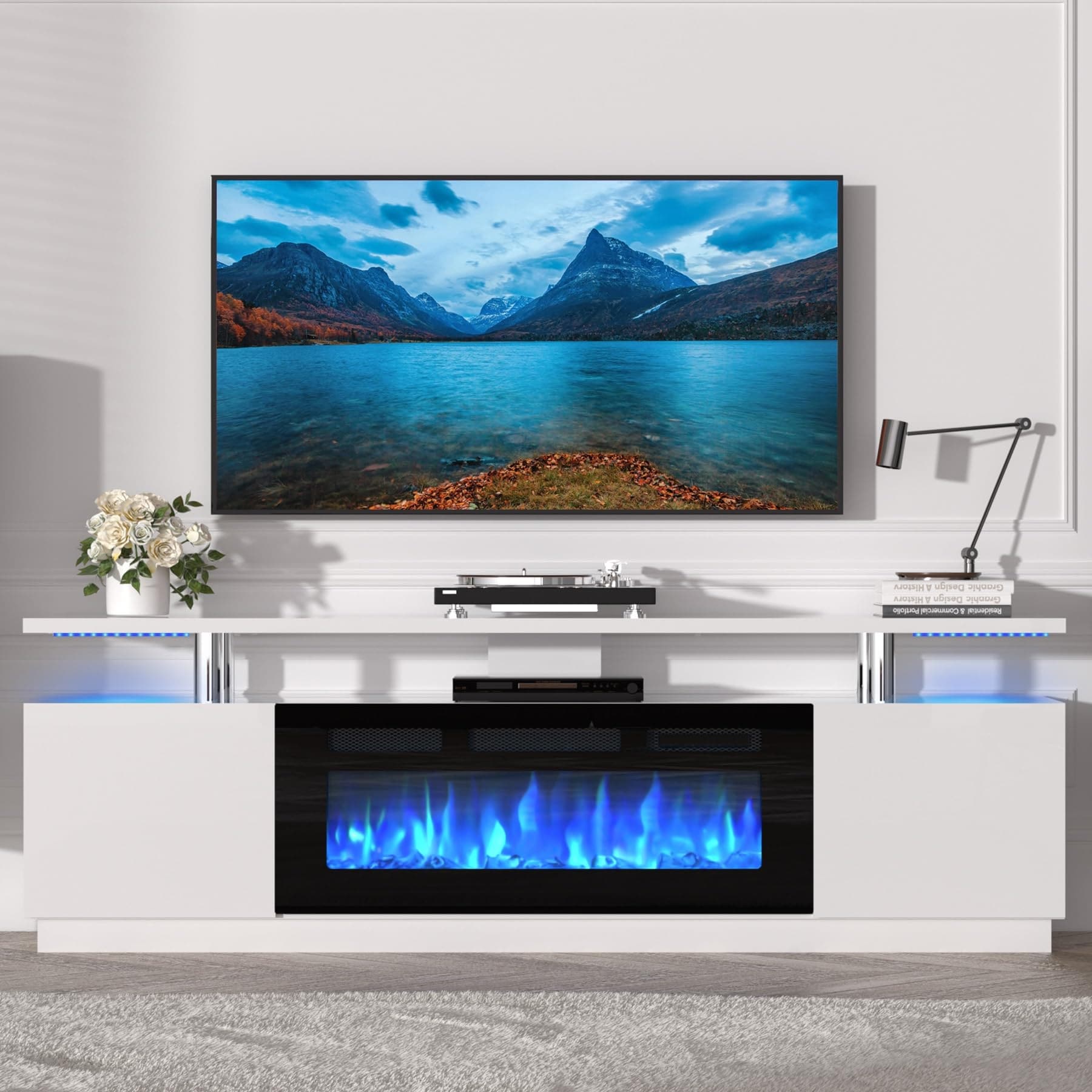 70" Fireplace TV Stand with 36" Electric Fireplace, 12 Colors LED Lights, 750w/1500w Tv Stand with Fireplace