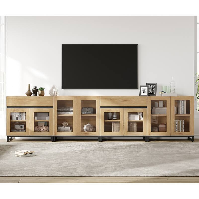 4-in-1 TV Stand for 120" TVs, Modern Console with Glass Doors & 2 Drawers, Adjustable Shelf