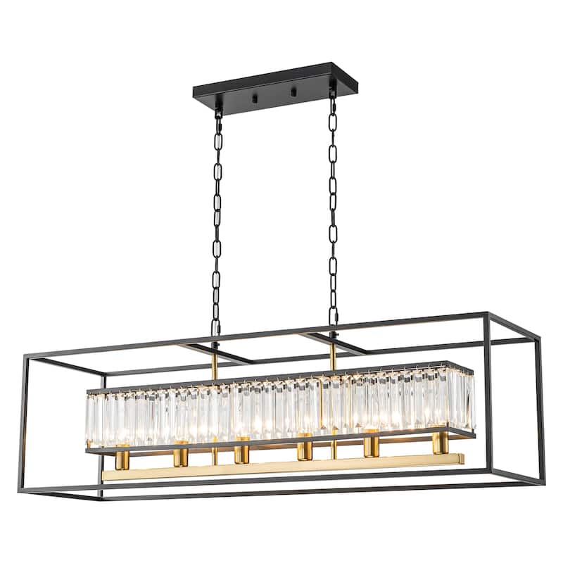 Rennnsan 6-Light Modern Black and Gold Rectangular Geometric Crystal Large Chandelier for Dining Room Table