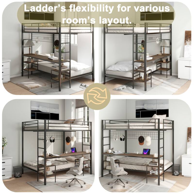 Full Over Twin Bunk Bed with Desk and Charging Station and Shelves and Metal Wire Mesh Panel with Hooks,Safety Guard & Stairs