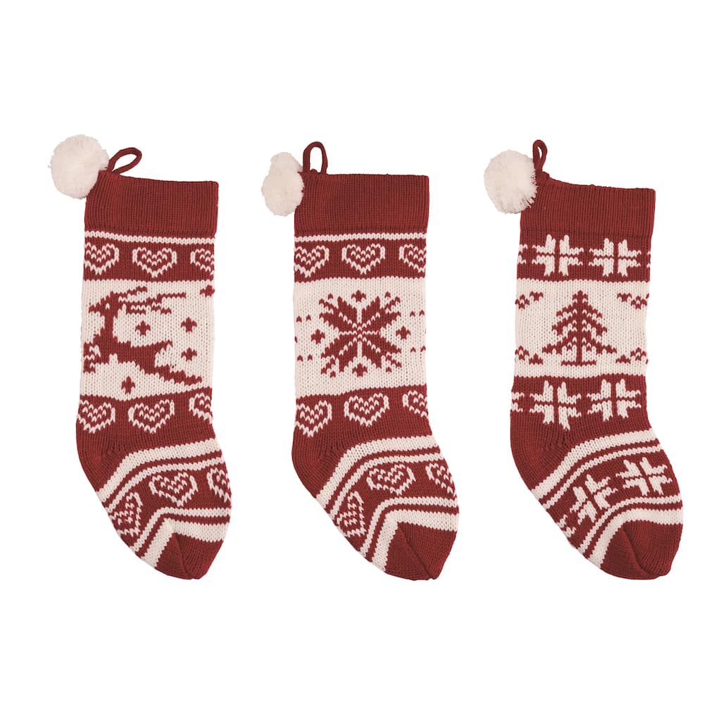 Transpac Knit Pom Pom Stocking Set of 3 Christmas Home Decorations