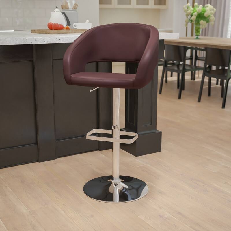 Modern Upholstered Adjustable-Height Barstool with Rounded Back - Brown Vinyl