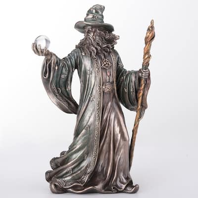 8.07 inches Height Cold Cast Bronze Wizard Holding Crystal Ball and Staff Bronze Finish Figurine