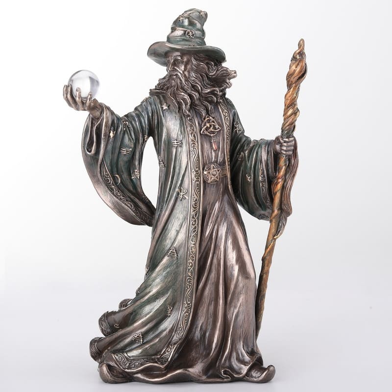8.07 inches Height Cold Cast Bronze Wizard Holding Crystal Ball and Staff Bronze Finish Figurine