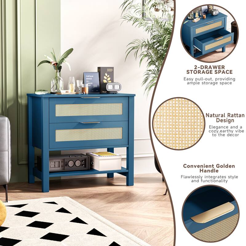 Rattan Nightstand with 2 Drawers and Storage Shelf Boho Bedside Narrow Side Table for Bedroom